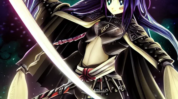 Image similar to Albedo Overlord in samurai pose holding katana | Somber moon | wet Dungeon Chamber | Big Moon at Night | strong blue rimlit | visual-key | anime illustration | highly detailed