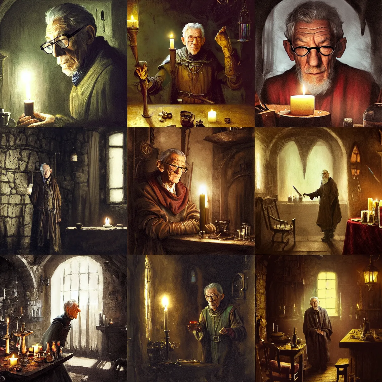 Prompt: skinny, cautious, paranoid 7 0 years old alchemist ( ian mckellen with a long goatee and with scissor glasses ), looks around in a dark medieval inn. close up, zoom in, dark shadows, colorful, candle light, law contrasts, fantasy concept art by jakub rozalski, jan matejko, and j. dickenson