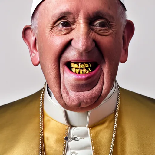 Image similar to portrait of a pope, wearing gold gangster chains, with gold teeth, studio portrait, studio lighting, studio photography, 5 0 mm, 4 k