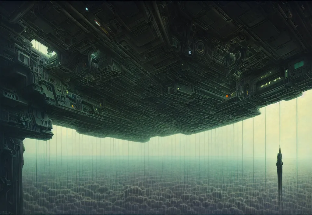 Prompt: inside a gigantic and intricate spaceship full of clouds, realistic, beautiful, dark, full of bright windows, cyberpunk, futurist, vibrant, highly detailed, industrial, cosmos, by zdzisław beksinski and greg rutkowski