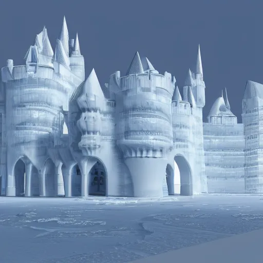 Prompt: Photo of a beautiful castle made of Ice designed by Zaha Hadid HD photorealistic