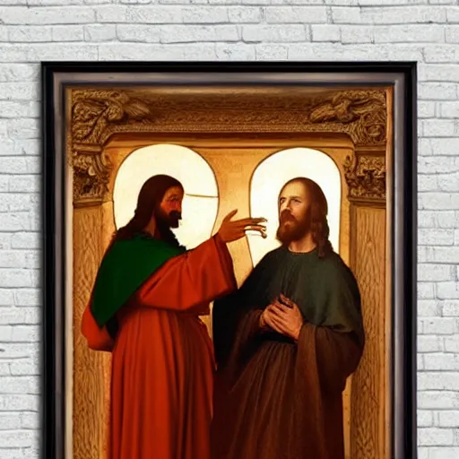 Image similar to jesus christ preaching to vladmir putin, photorealistic frame hanging on the wall, ultra-realistic in the colourful style of leonardo da vinci artstation hd oil painting and edward hooper, renaissance painting