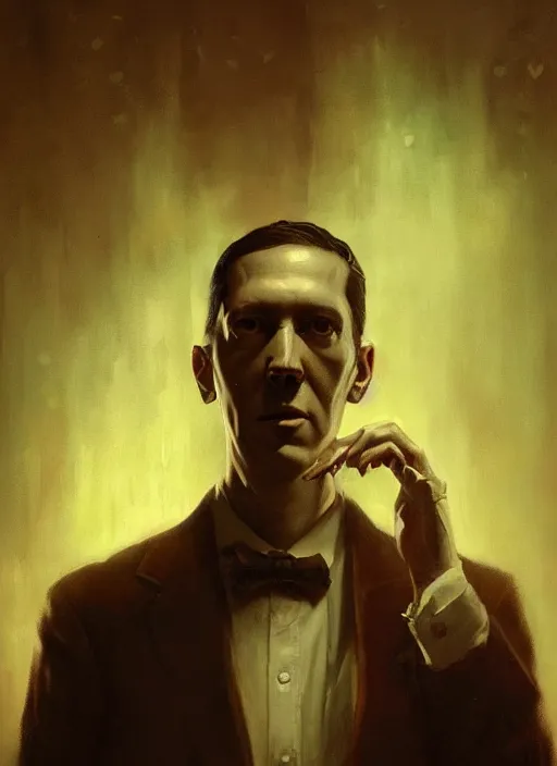 Image similar to highly detailed portrait of h p lovecraft by greg rutkowski, mike mignola, tom bagshaw artgerm and ross tran, beautiful dramatic dark moody lighting, cinematic atmosphere, glossy magazine painting, global illumination, deep color, 8 k resolution, high details, flickr, dslr, artstation