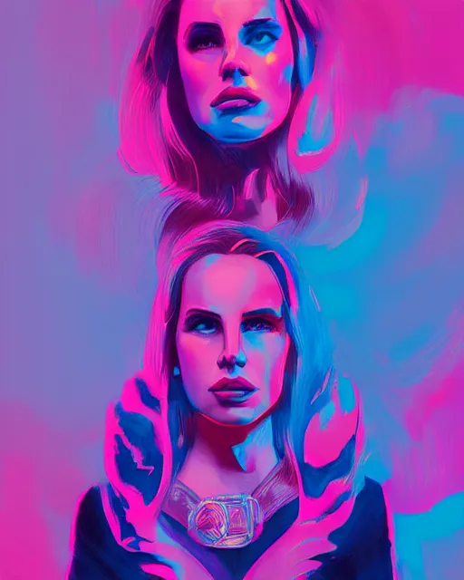 Prompt: portrait of lana del rey as a cyborg. intricate abstract. key art. blue, pink, intricate artwork. by tooth wu, wlop, beeple, dan mumford. 8 k octane render, trending on artstation, greg rutkowski very coherent symmetrical artwork. cinematic, hyperrealism, very detailed, iridescent accents