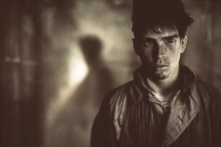 Image similar to a cinematic!! headshot photograph!! of a male, stood in a factory, dirt, film still, cinematic lighting, by bill henson, jeremy mann