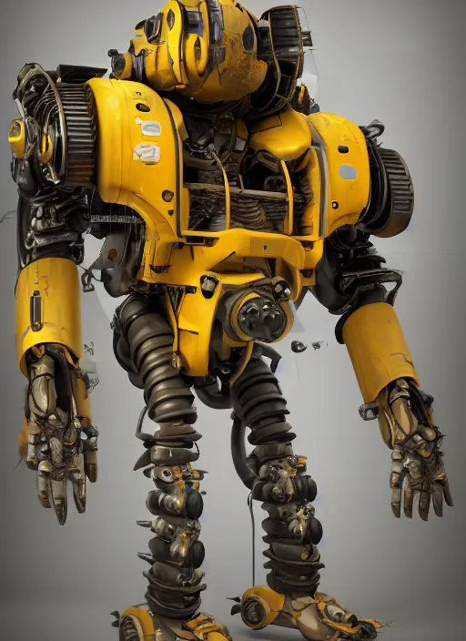 Image similar to a photorealistic dramatic hyperrealistic render of a futuristic exosuit power loader heavy machinery, ultra realistic details, glossy yellow, well worn, rust, oil stains by vitaly bulgarov and mike nash, beautiful dramatic dark moody tones and lighting, cinematic atmosphere, studio lighting, global illumination, shadows, dark background, octane render, 8 k