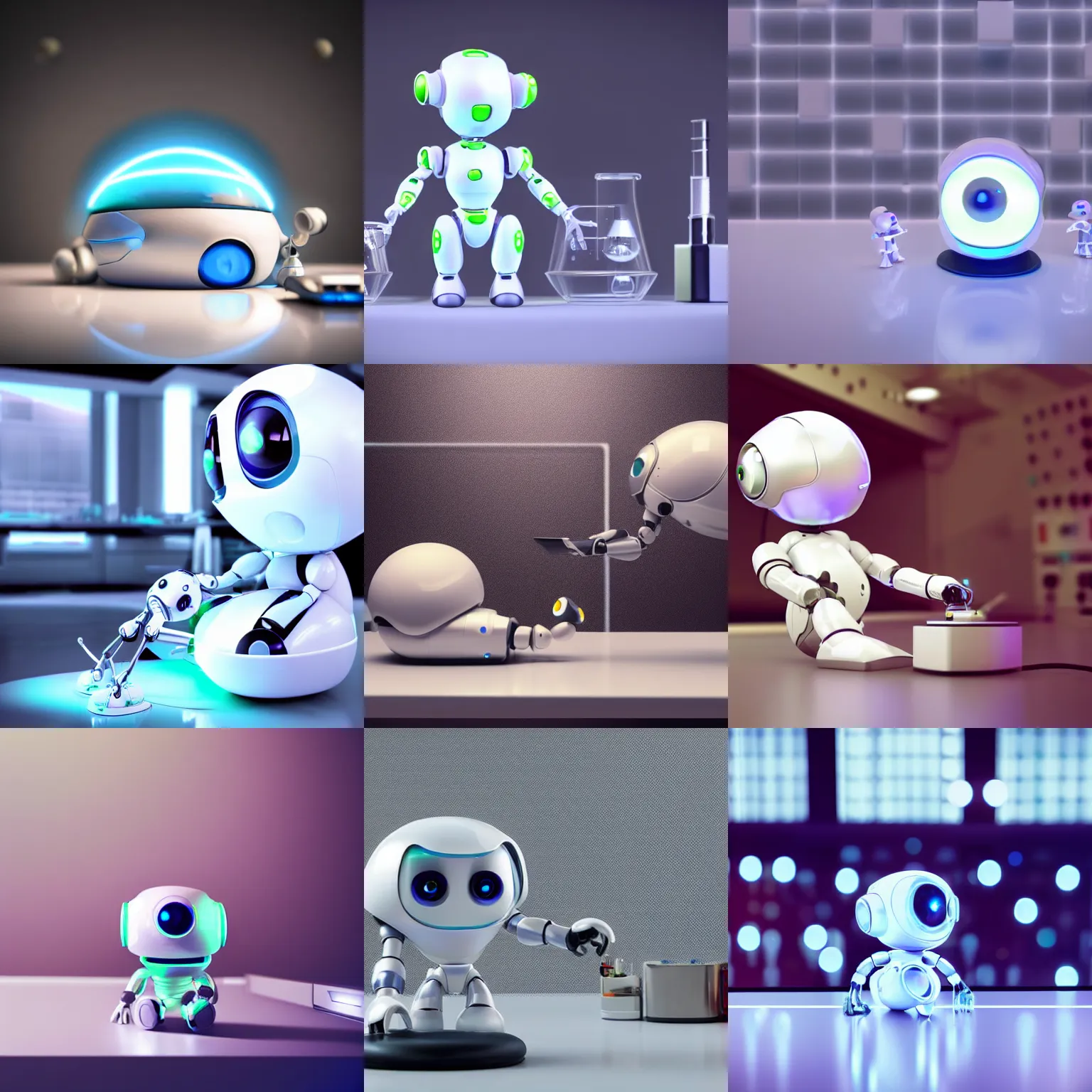 Prompt: a cute rounded tiny robot, made out of shiny white metal, on a lab table surrounded by lab tools, sitting down, 3 d hyper realistic render, white neon lighting, pixar style, futuristic, science fiction, high angle close up shot, macro, technological