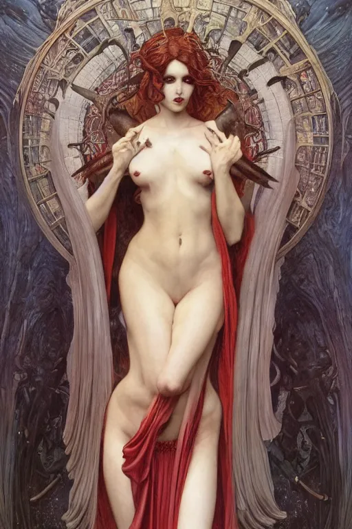 Prompt: masterpiece painting of beautiful infernal succubus girl by donato giancola, h. r. giger and tom bagshaw, face by artgerm and edmund leighton, background by james jean and alphonse mucha, 8 k, gothic horror, majestic, volumetric lighting, porcelain skin, art deco, trending on pixiv