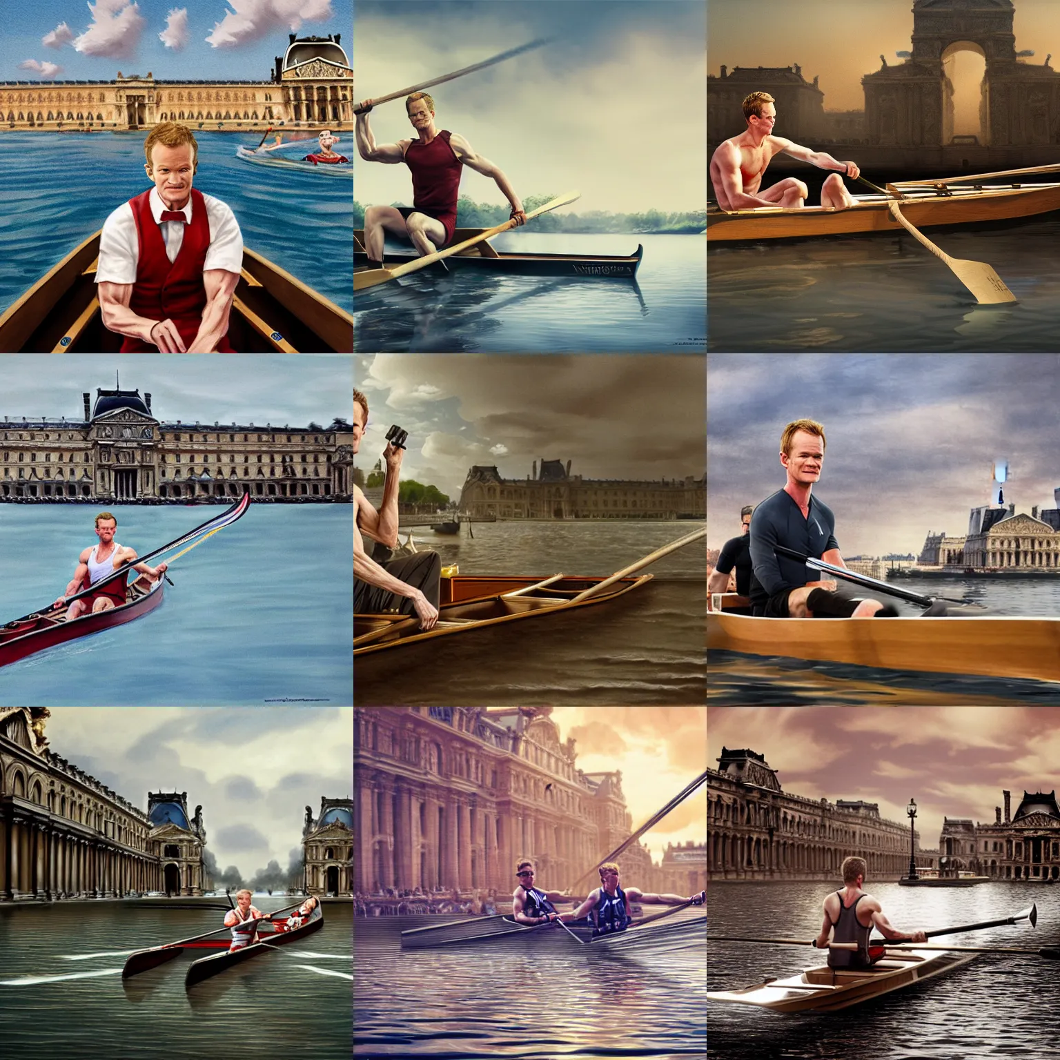 Prompt: neil patrick harris rowing at the louvre, concept art, bright soft lighting, highly detailed, 4 k