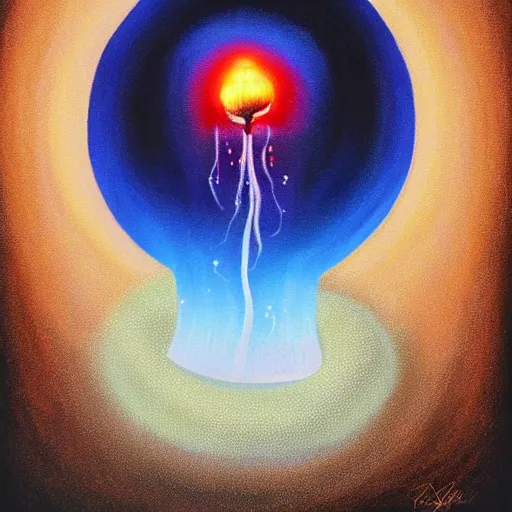 Prompt: a painting of a mushroom with a light coming out of it, an airbrush painting by joseph stella, featured on behance, geometric metaphysical painting, surrealist, airbrush art, tesseract