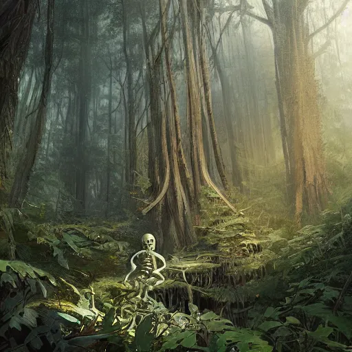 Prompt: a painting of a skeleton in a forest, a detailed matte painting by marc simonetti, behance contest winner, fantasy art, matte painting, concept art, matte drawing. masterpiece