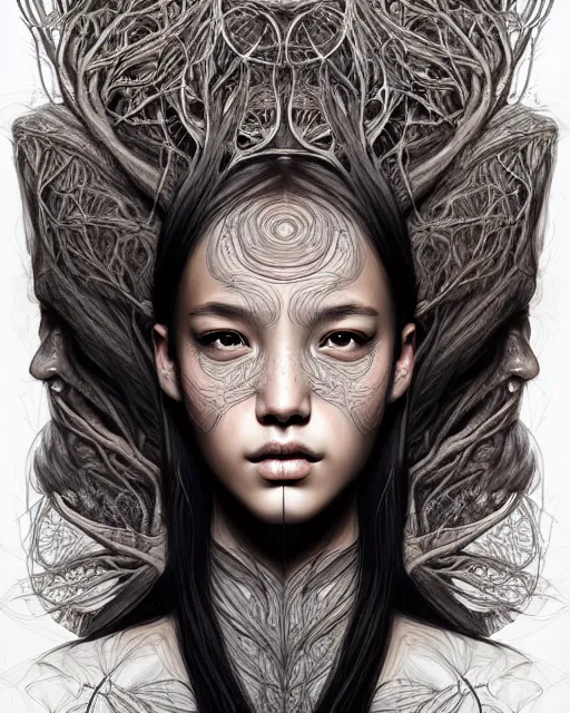 Image similar to digital art, centered portrait with face made with intricate roots, by james jean and by artgerm, by ross tran, ultradetailed, charachter design, concept art, trending on artstation,