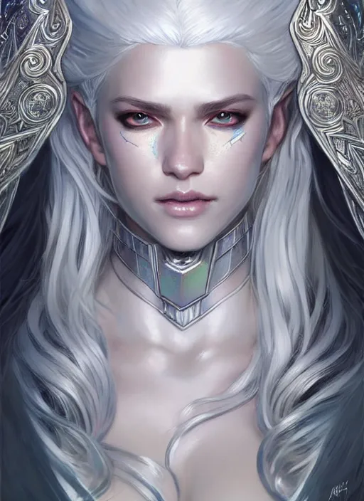 Image similar to light iridescent armor!!! long wild white hair!! covered chest!!! fantasy, d & d, intricate ornate details, digital painting, pretty face!!, symmetry, concept art, sharp focus, illustration, art by artgerm! greg rutkowski magali villeneuve wlop! ilya kuvshinov!!, octane render