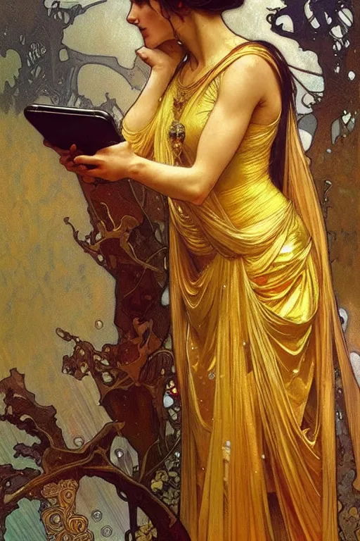 Prompt: A goddess wearing golden clothes, holding a phone, fantasy, painting by greg rutkowski and alphonse mucha