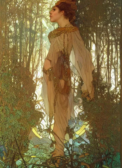 Prompt: a crystal cube in a forest, highly detailed, intricate, concept art, art station, cinematic light, realistic, ethereal light, art by Alphonse Mucha