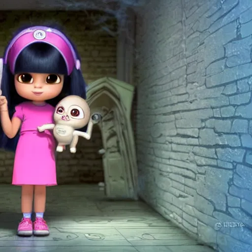 Image similar to Extremely cute and adorable 8k HD key visual of Dora The Explorer and Selena Gomez posing for the camera in an eerie haunted mansion in a creepy horror movie, official media, designed by Mark Ryden and artgerm and Margaret Keane. The art style is quite chibi, with large heads and big wide eyes. 3D render diorama Macro photography
