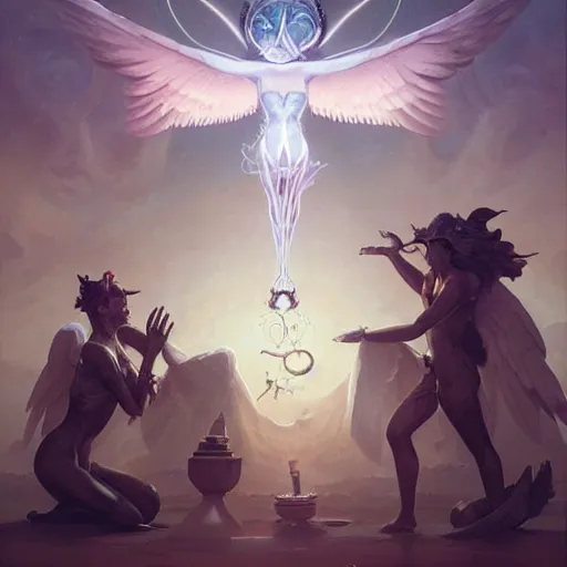 Image similar to angelical time keepers performing a ritual of planetary sacrifice, digital art, artstation by peter mohrbacher and greg rutkowski