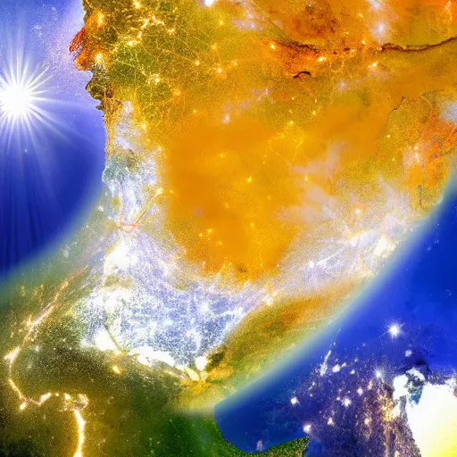 Prompt: India glowing with divine white light as seen from outer space
