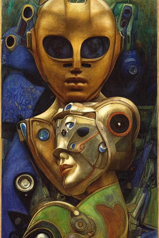 Image similar to the queen in her robot mask stands by the window at midnight , by Annie Swynnerton and Diego Rivera and Elihu Vedder, symbolist, dramatic lighting, elaborate geometric ornament, Art Brut, soft blues and greens,smooth, sharp focus, extremely detailed, Adolf Wölfli and Evelyn De Morgan