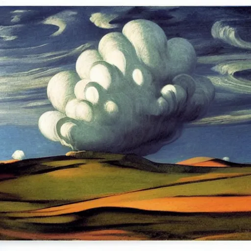 Image similar to dramatic landscape of donegal ireland after the storm, mammatus clouds and lenticular clouds, by edward hopper and giorgio de chirico