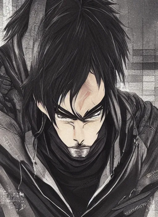 Prompt: manga cover, black-haired man wearing a black hoodie, stubble beard, thick eyebrows, short hair, intricate cyberpunk city, emotional lighting, character illustration by tatsuki fujimoto