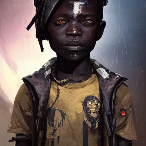 Prompt: a dark and ominous african child soldier with glowing eyes and a half robot face, Apex Legends character digital illustration portrait design, by android jones and greg rutkowski in a cyberpunk voodoo style, detailed, cinematic lighting, wide angle action dynamic portrait