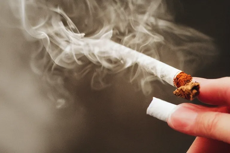 Image similar to Close-up of thin soft hand holding cigarette, with smoke, hand with five fingers, hyper realistic, high details, photo, super resolution