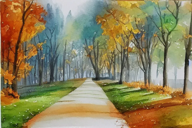 Prompt: avenue autumn watercolor pen light color on artstation