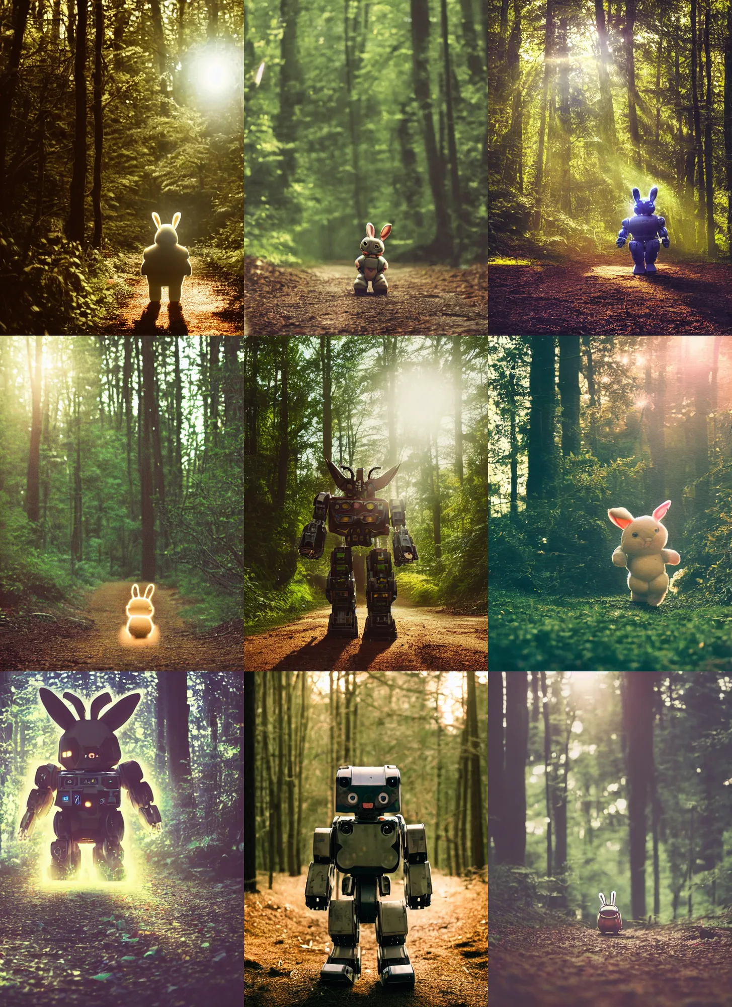 Prompt: a 3 5 mm photo from the front of a giant mecha robot chubby cute rabbit walking in the woods, splash art, movie still, bokeh, canon 5 0 mm, cinematic lighting, dramatic, film, photography, golden hour, depth of field, award - winning, anamorphic lens flare, 8 k, hyper detailed, 3 5 mm film grain