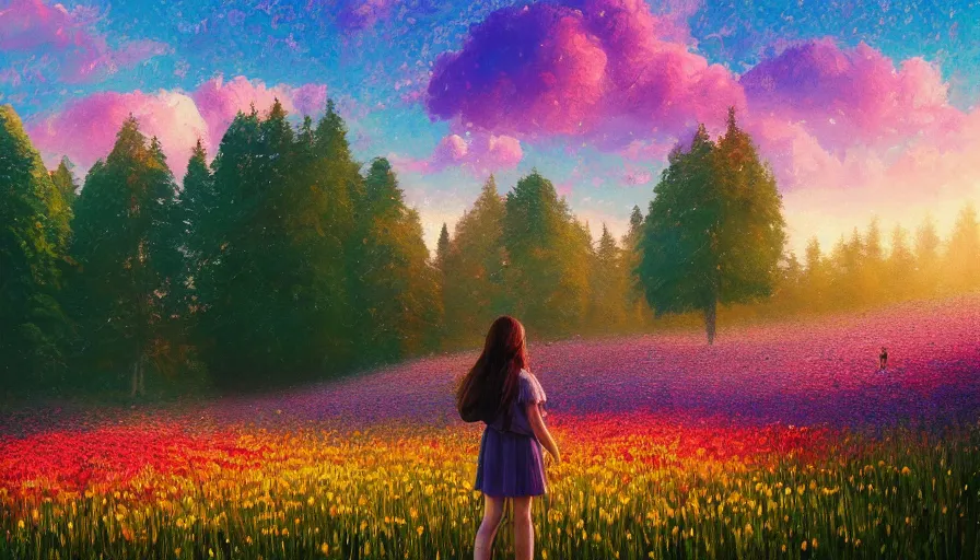 Prompt: girl with a giant flower face, surreal photography, dream, standing in flower field, hills, big trees, sunrise dramatic light, impressionist painting, colorful clouds, digital painting, pointillism, artstation, simon stalenhag, flower face