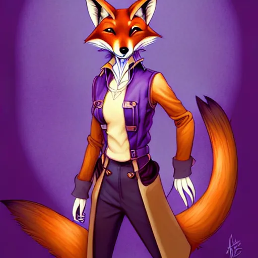 Image similar to don bluth, loish, artgerm, steampunk, clockpunk anthropomorphic fox girl, purple vest, smiling, symmetrical eyes symmetrical face, colorful animation forest background