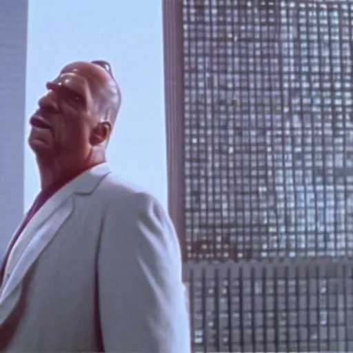 Image similar to a still of homer simpson from die hard ( 1 9 8 8 ), long shot, 1 5 0 mm