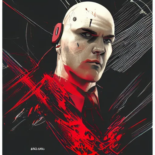 Image similar to a portrait of agent 4 7 from hitman wearing headphones, dark background, red rim light, digital art, artstation, art by yoji shinkawa