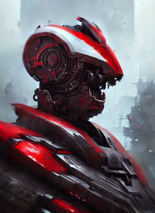 Image similar to a portrait of epic mechanical futuristic war machine with red and white accent and label written indonesia. highly detailed, digital painting, concept art, smooth, sharp focus, illustration, art by greg rutkowski