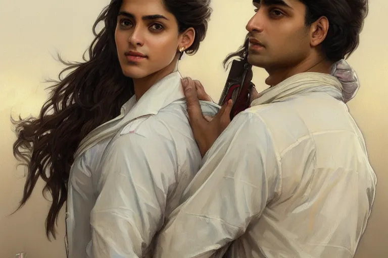 Image similar to Anxious good looking pale young Indian doctors wearing American clothes at the airport, portrait, elegant, intricate, digital painting, artstation, concept art, smooth, sharp focus, illustration, art by artgerm and greg rutkowski and alphonse mucha