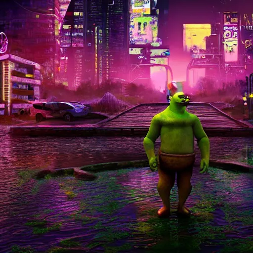 Prompt: Shrek, Louisiana, Swamp, Cyberpunk, Neon lights, City background, Ultradetailed, Cyborg, Futuristic, Far Future, Sci-fi, 4k