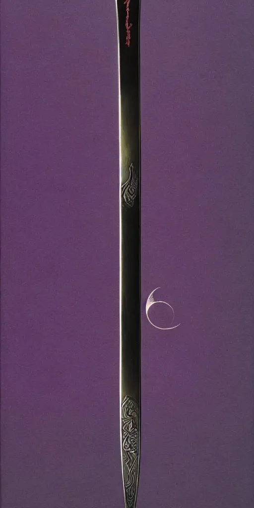 Prompt: a katana in the style of zdzisław beksinski, elegant, silver and amethyst, crescent moon motif, weapon