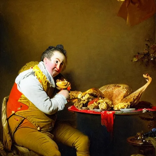 Image similar to british comedian david mitchell eats a turkey for christmas, oil on canvas, by jean honore fragonard