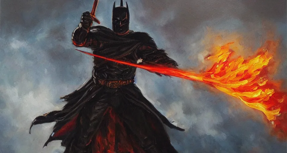 Image similar to An oil painting of a dark knight wielding a flaming sword