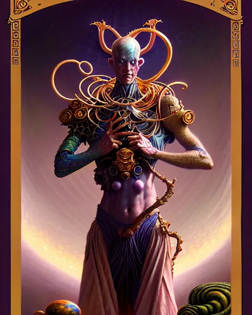 Image similar to the fool tarot card, fantasy character portrait made of fractals, ultra realistic, wide angle, intricate details, the fifth element artifacts, highly detailed by peter mohrbacher, hajime sorayama, wayne barlowe, boris vallejo, aaron horkey, gaston bussiere, craig mullins