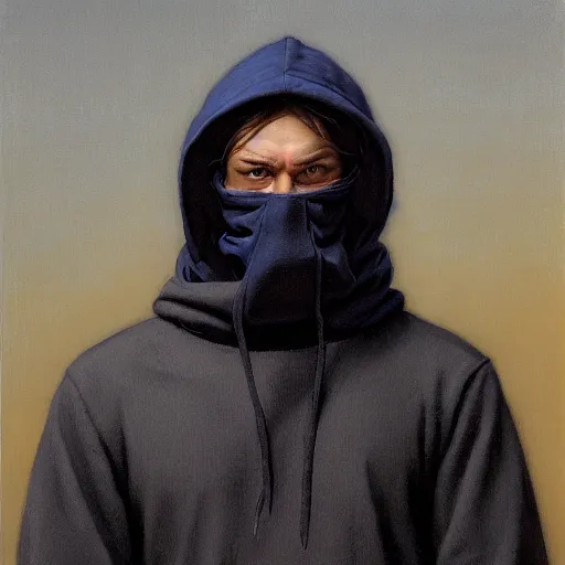 Image similar to portrait of a man wearing a balaclava and a hoodie, by gerald brom