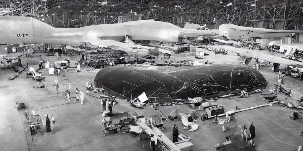 Prompt: Engineers revealing and disassembling the world's first UFO captured by the US military in an aircraft hangar. Realistic, 4K, high detailed.