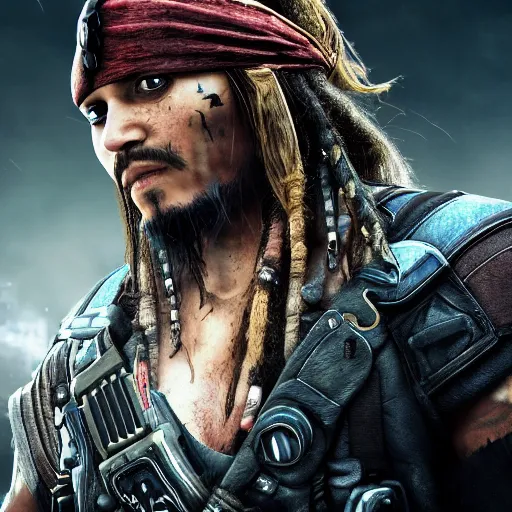 Image similar to captain jack sparrow in gears of war, gears of war, splash art, movie still, cinematic lighting, dramatic, octane render, detailed face, long lens, shallow depth of field, bokeh, anamorphic lens flare, 8 k, hyper detailed, 3 5 mm film grain