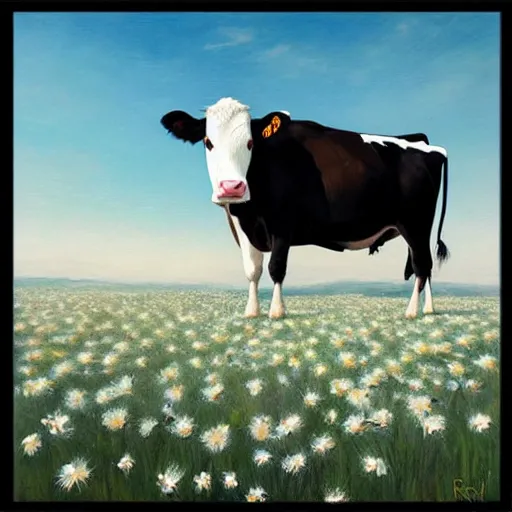 Prompt: Hyper realistic oil painting of a cow standing in the middle of a field of daisies, blue sky, high contrast, by greg rutkowski, trending on artstation