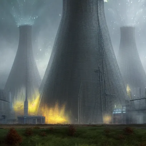 Image similar to a fantasy elven nuclear power plant with steam. award winning digital art, trending on artstation