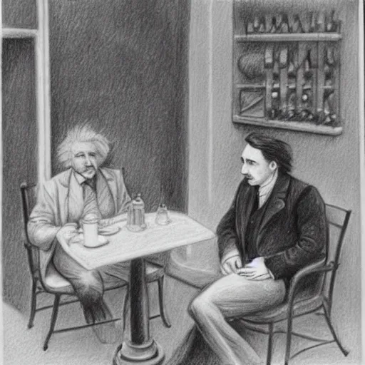 Image similar to Einstein and Tesla sitting at cafe, pencil drawing, ultra detailed