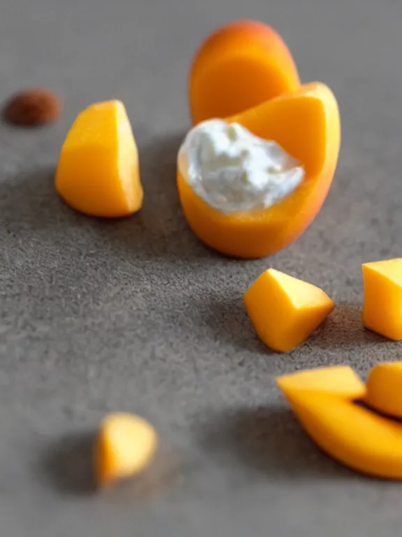 Image similar to miniature diorama of yogurt mango pieces macro