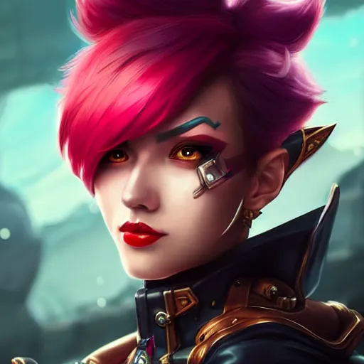 Prompt: portrait of Vi from League of Legends, by Fortiche Studio, by Riot Games, from Netflix's Arcane, trending on artstation,fine details, realistic shaded, fine-face, Steampunk city on the background, red hair, painted texture, pretty face,by Artgerm