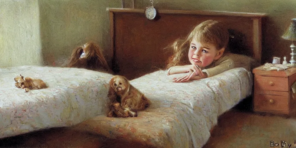 Prompt: a sleepy little cute girl in his bedroom by Bob Byerley