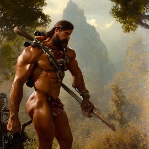 Prompt: handsome portrait of a spartan guy bodybuilder posing, lush surrounding by studio ghibli, by gaston bussiere, bayard wu, greg rutkowski, giger, maxim verehin